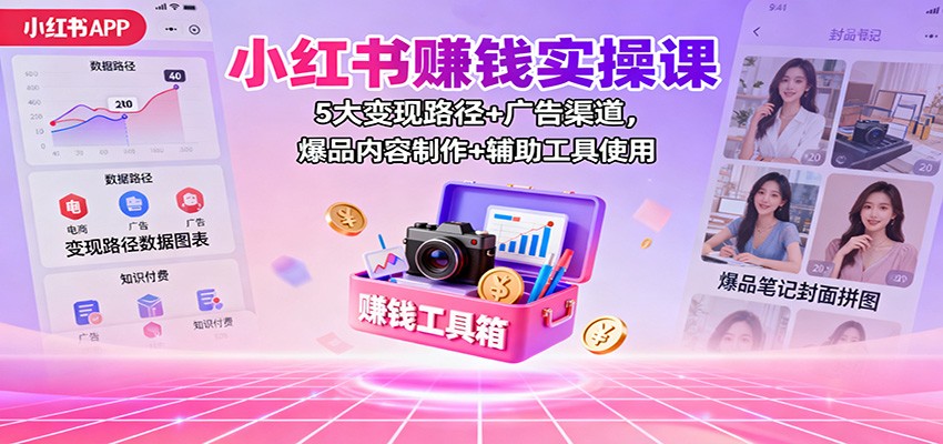 小红书赚钱实操课：5大变现路径+广告渠道，爆品内容制作+辅助工具使用-创业攻略