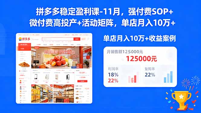 拼多多稳定盈利课-11月，强付费SOP+微付费高投产+活动矩阵，单店月入10万+-创业攻略